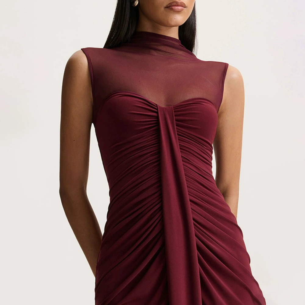 Zara High Neck Sleeveless Slim Maxi Dress Mesh Patchwork Smocked Spring Summer - Picture 3 of 6